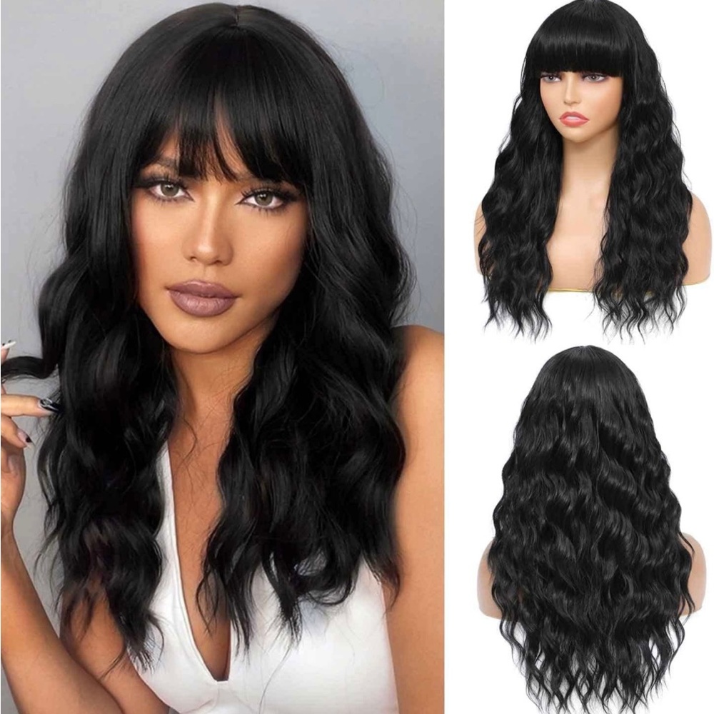 Human hair blend black curly wave wig